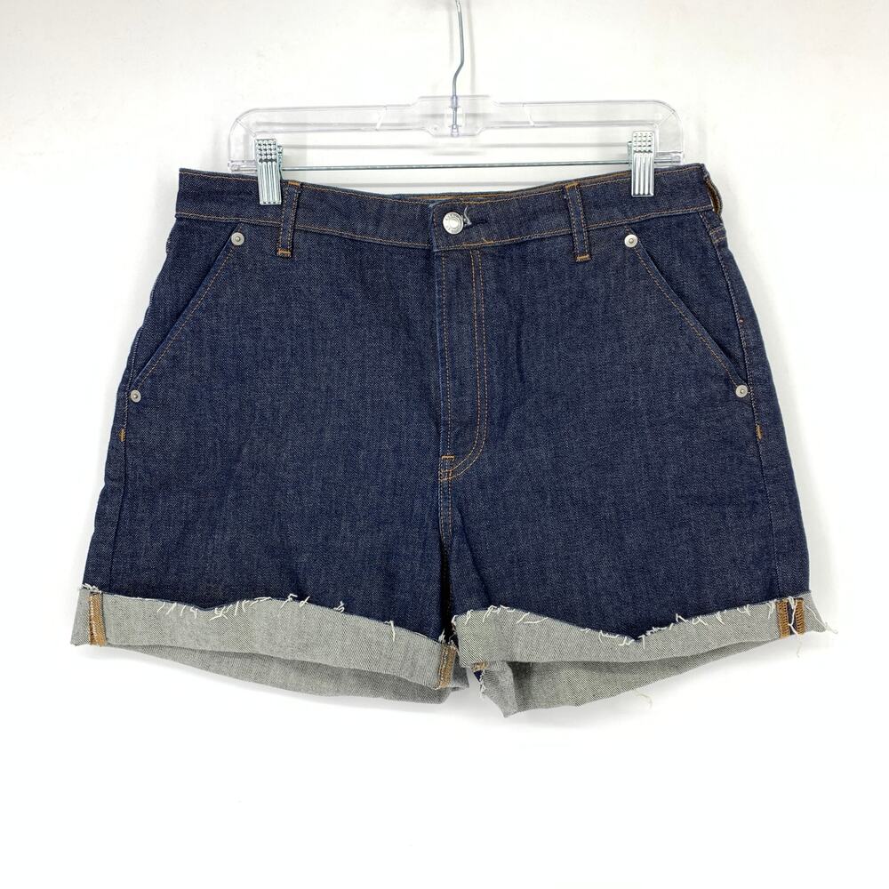 EVERLANE Arc Jean Short Women's Size 31 Rolled Hem Flat Front Dark Blue Hand Cut